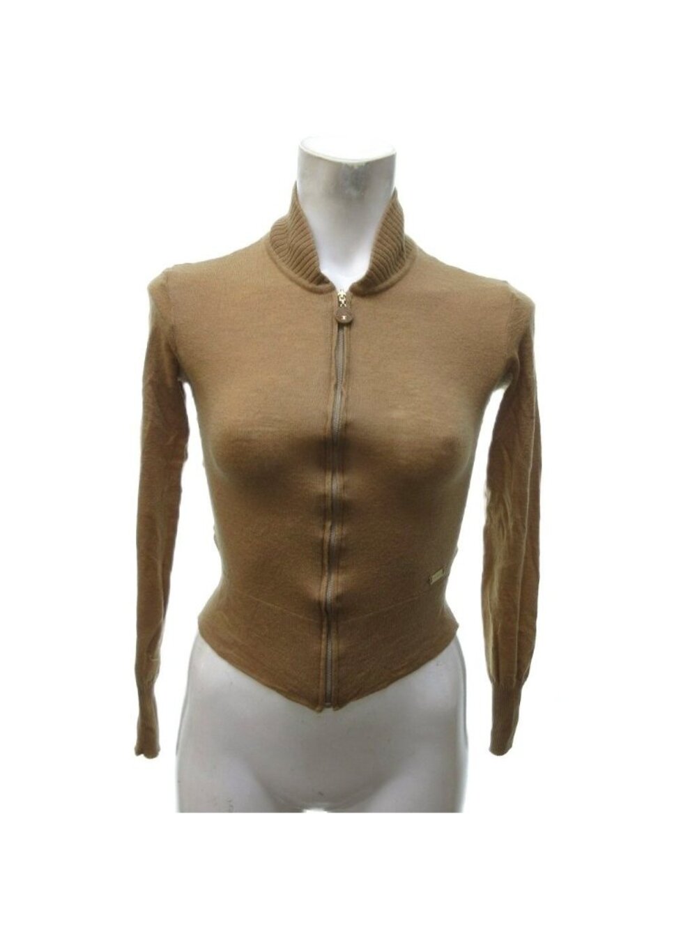Chanel 01A Knit Zip Up Cropped Length Wool Logo Brown XS Sweater 34